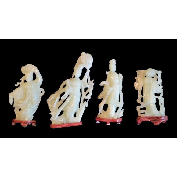 Geshia Other - Set of 4 Vintage GESHIA's Asian Italy Green Jadeite Glass Figurines Wood Base